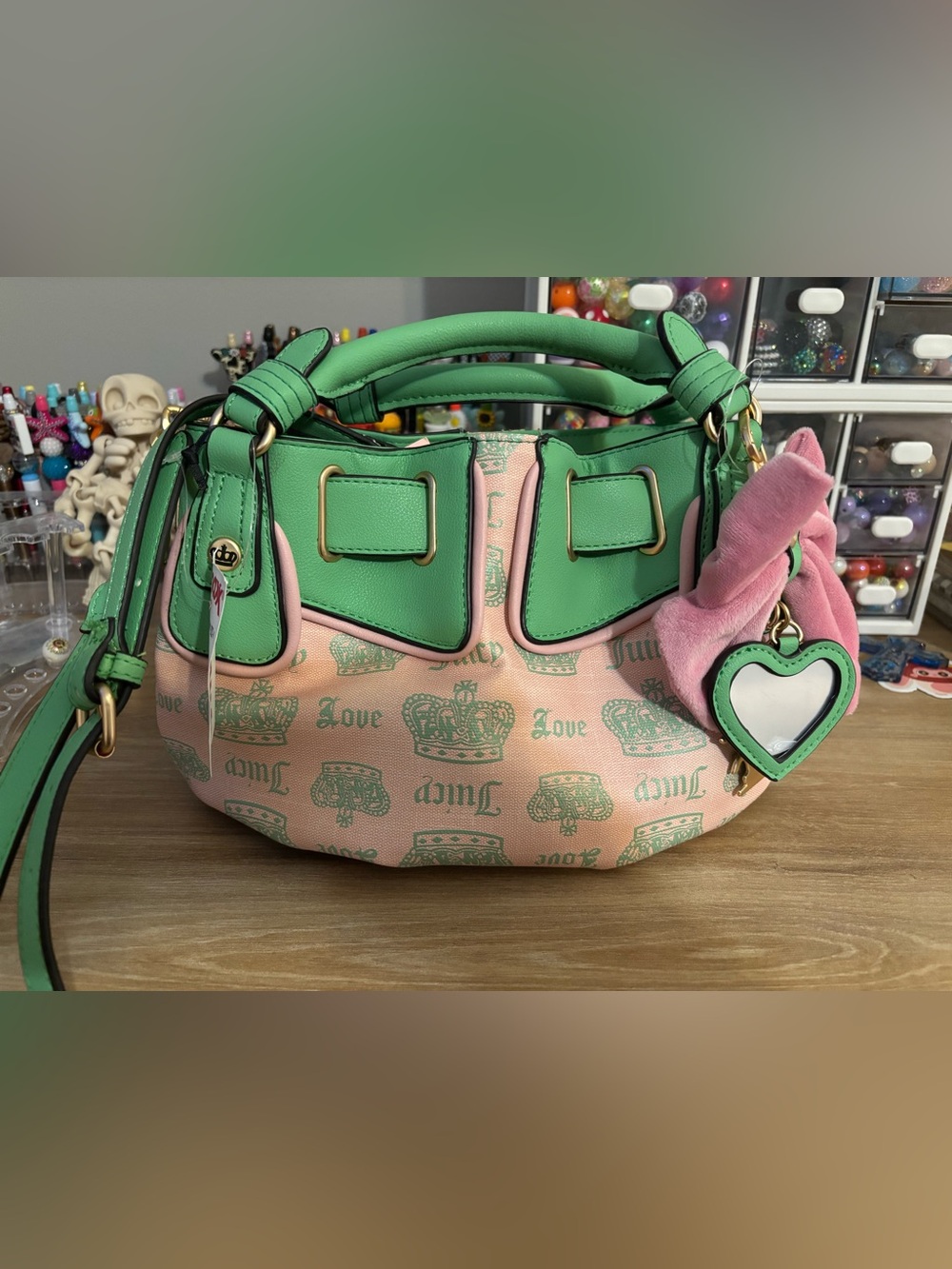 Juicy Couture Pink Canvas Mini Bag with Green Trim & Bow Charm